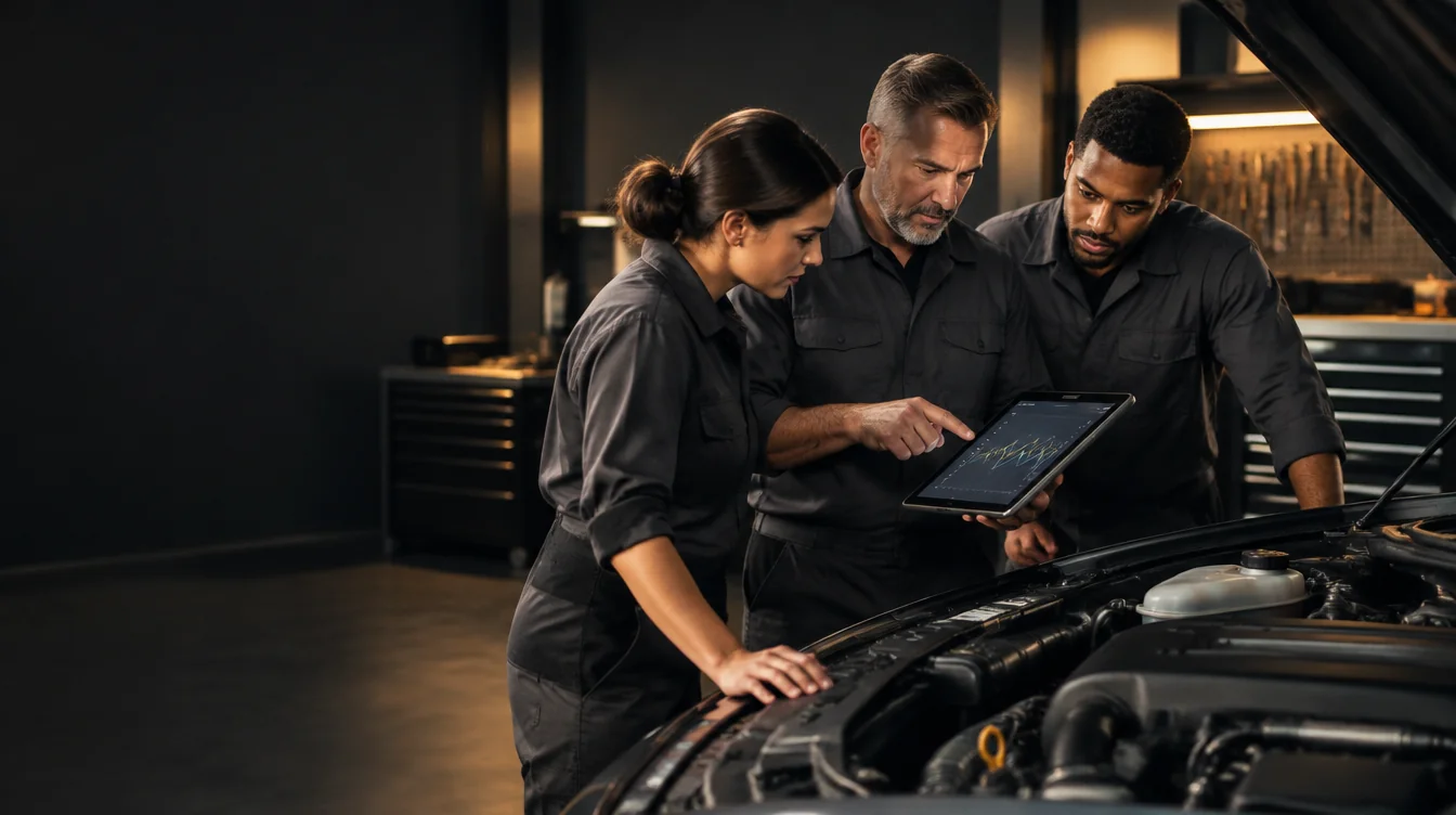 Automotive instructor and technicians reviewing a diagnostic tablet beside a vehicle
