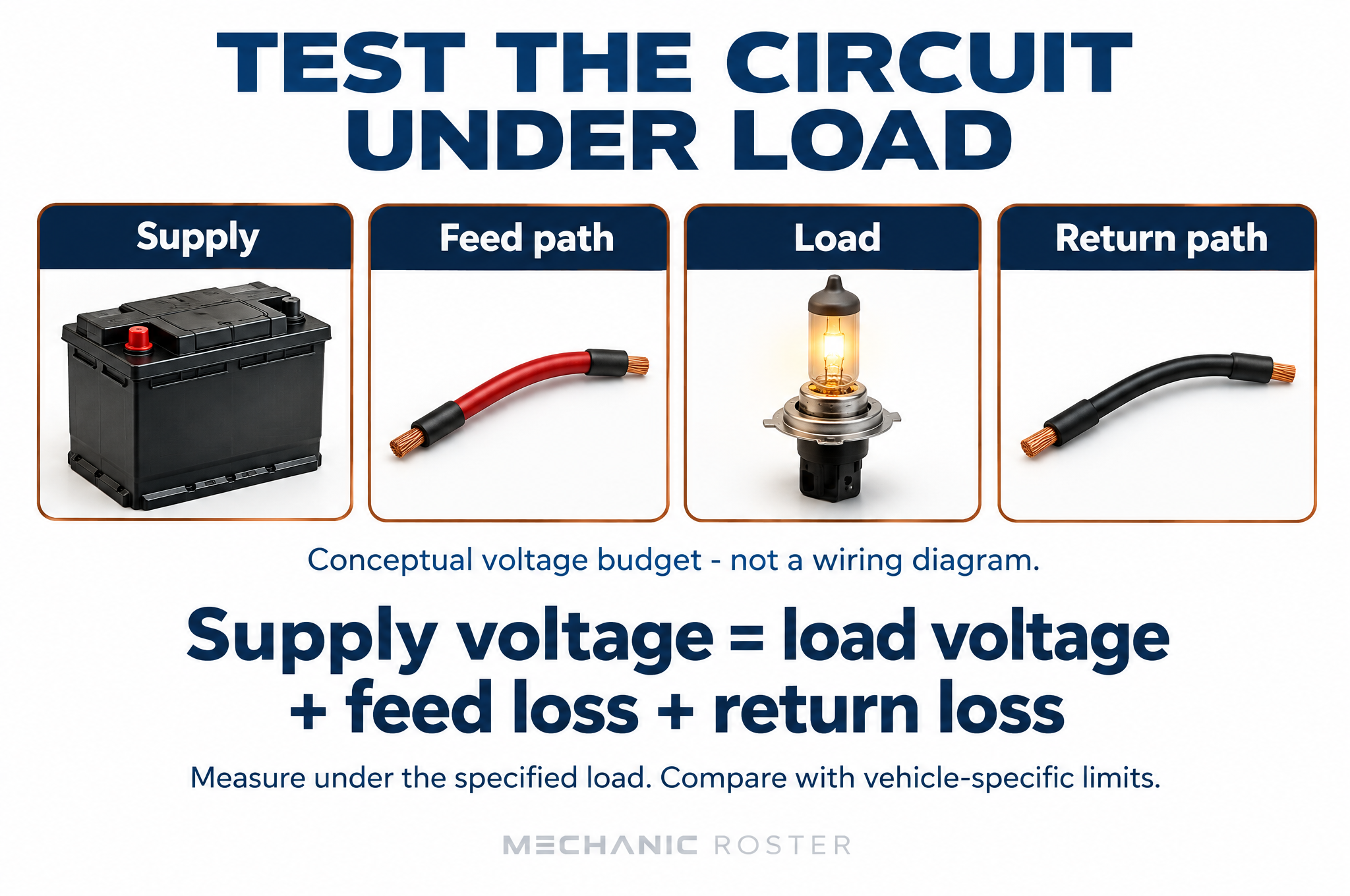 Measure circuit losses under load and compare with the vehicle procedure.