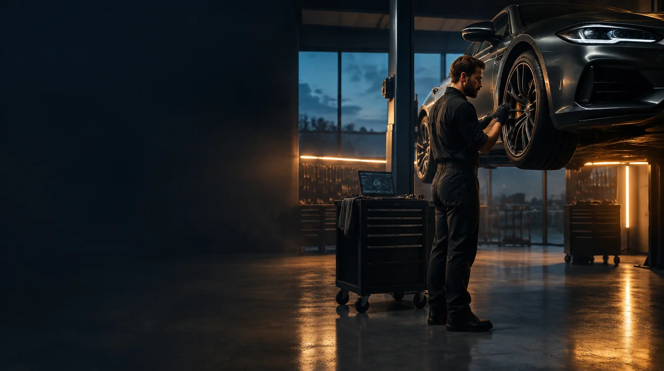 Technician working on a vehicle in a modern repair shop