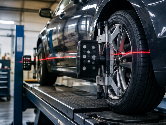 Vehicle on a wheel-alignment rack